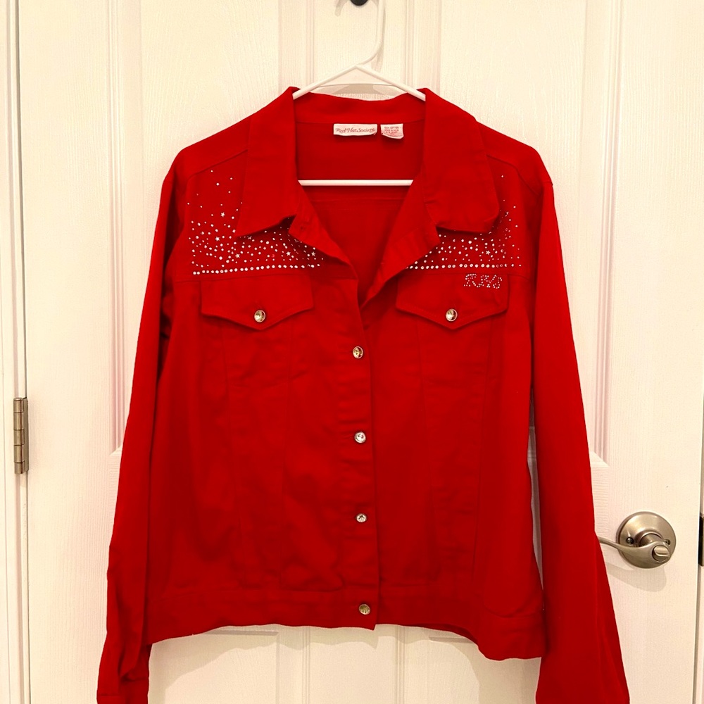RED HAT SOCIETY Red Denim Jean Jacket W/ Rhinestones RHS Brand Womens Medium